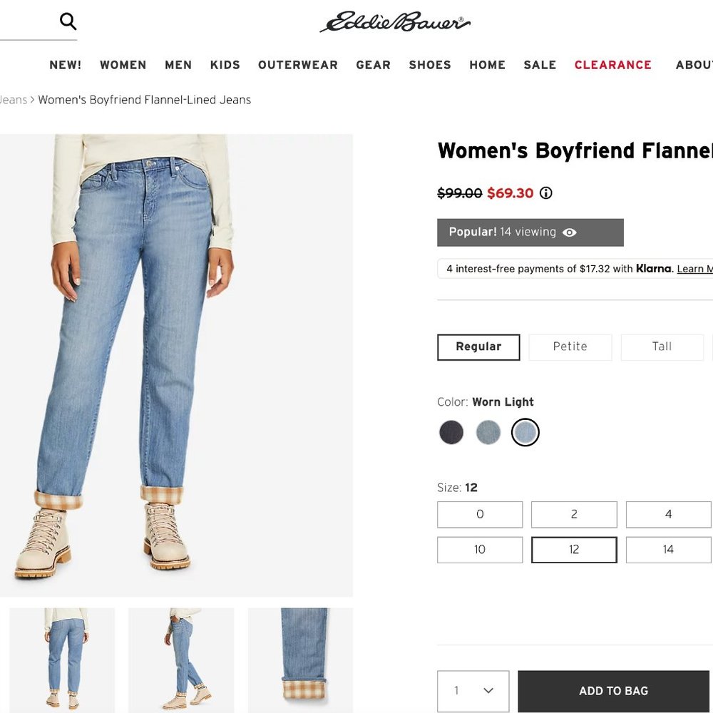 Flannel Lined Jeans Women's Eddie Bauer Size 12